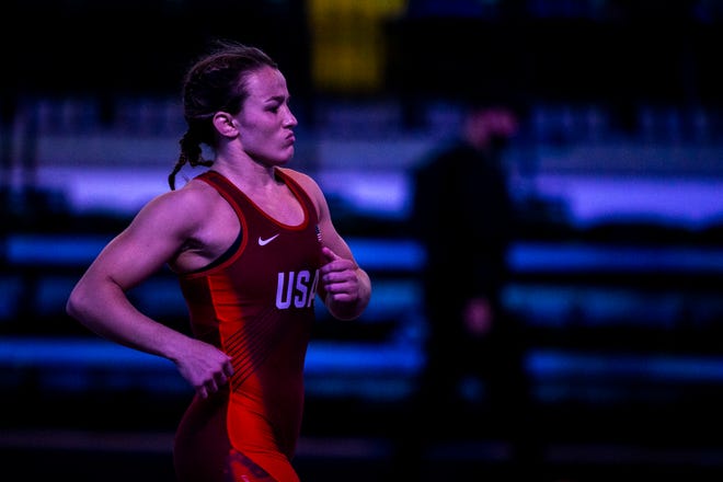 Forrest Molinari is introduced before her 68kg final during the USA Wrestling Senior National Championships, Saturday, Oct. 10, 2020, at the Xtream Arena in Coralville, Iowa.