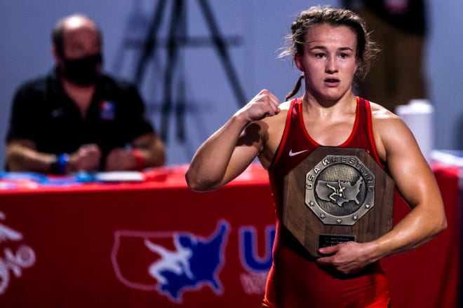 Forrest Molinari flexes after winning the 68kg final during the USA Wrestling Senior National Championships, Saturday, Oct. 10, 2020, at the Xtream Arena in Coralville, Iowa.