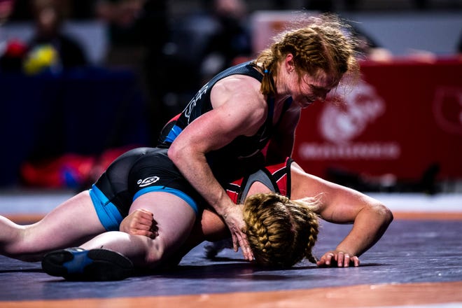 Jennifer Page, left, wrestles Macey Kilty in the 62kg final during the USA Wrestling Senior National Championships, Saturday, Oct. 10, 2020, at the Xtream Arena in Coralville, Iowa.