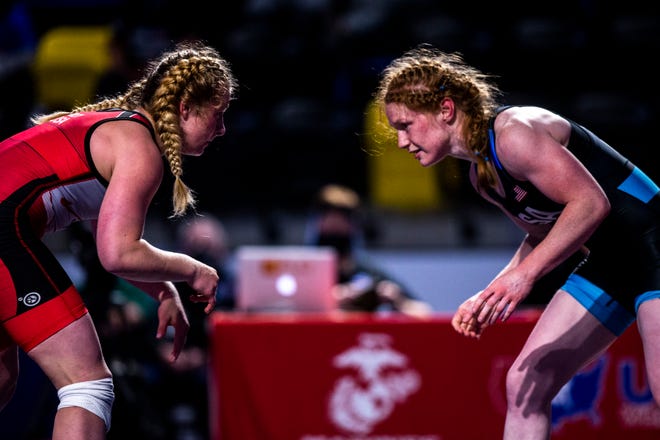 Jennifer Page, right, wrestles Macey Kilty in the 62kg final during the USA Wrestling Senior National Championships, Saturday, Oct. 10, 2020, at the Xtream Arena in Coralville, Iowa.