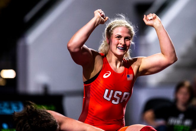 Adeline Gray celebrates after winning the 76 kg final during the USA Wrestling Senior National Championships, Saturday, Oct. 10, 2020, at the Xtream Arena in Coralville, Iowa.