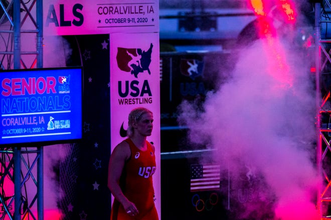 Adeline Gray is introduced before her 76kg final match during the USA Wrestling Senior National Championships, Saturday, Oct. 10, 2020, at the Xtream Arena in Coralville, Iowa.