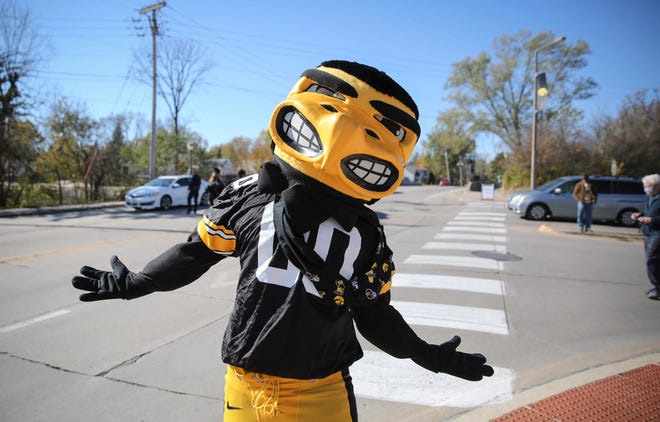 Herky the Hawk stands outside of Kinnick Stadium in Iowa City hours prior to kickoff against Northwestern on Saturday, Oct. 31, 2020.