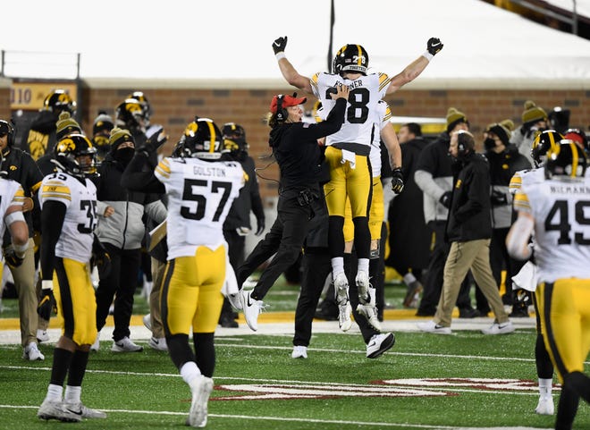 MINNEAPOLIS, MINNESOTA - NOVEMBER 13: Jack Koerner #28 of the Iowa Hawkeyes celebrates a blocked field goal against the Minnesota Golden Gophers during the third quarter of the game at TCF Bank Stadium on November 13, 2020 in Minneapolis, Minnesota. Iowa defeated Minnesota 35-7. (Photo by Hannah Foslien/Getty Images)