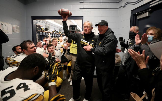 Kirk Ferentz is shown after getting his 100th Big Ten win, a 41-21 triumph at Penn State on Nov. 21. This was his 10th Hawkeye team to finish in the national top 25.