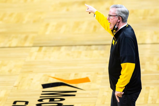 Iowa head coach Fran McCaffery calls out to players during a NCAA non-conference Cy-Hawk men's basketball game, Friday, Dec. 11, 2020, at Carver-Hawkeye Arena in Iowa City, Iowa.