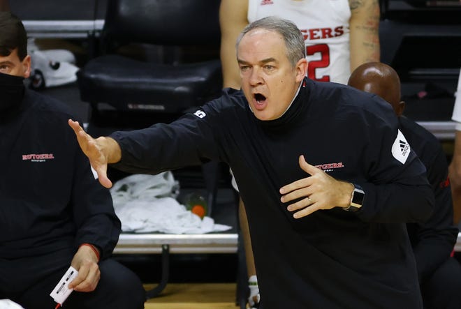 PISCATAWAY, NJ - JANUARY 02: Head coach Steve Pikiell of the Rutgers Scarlet Knights gestures during the second half of a college basketball game against the Iowa Hawkeyes at Rutgers Athletic Center on January 2, 2021 in Piscataway, New Jersey. Iowa defeated Rutgers 77-75.