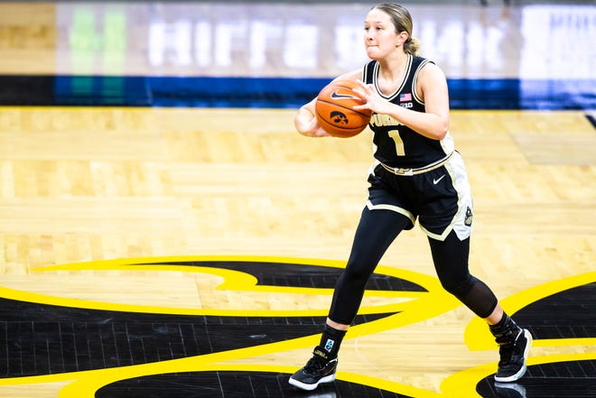 Purdue guard Karissa McLaughlin (1) passes during a NCAA Big Ten Conference women's basketball game, Monday, Jan. 18, 2021, at Carver-Hawkeye Arena in Iowa City, Iowa.