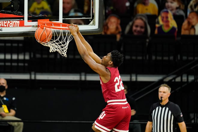 Indiana forward Jordan Geronimo dunks the ball during the first half of an NCAA college basketball game against Iowa, Thursday, Jan. 21, 2021, at Carver-Hawkeye Arena in Iowa City.