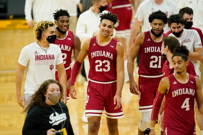 Indiana forward Trayce Jackson-Davis (23) walks off the court with teammates after an NCAA college basketball game against Iowa on Thursday, Jan. 21, 2021, at Carver-Hawkeye Arena in Iowa City. Indiana won 81-69.