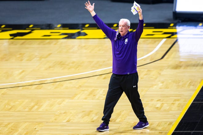 Northwestern head coach Joe McKeown reacts during the second half of a NCAA Big Ten Conference women's basketball game, Thursday, Jan. 28, 2021, at Carver-Hawkeye Arena in Iowa City, Iowa.