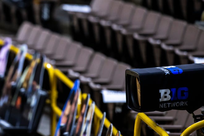 A Big Ten Network television camera records action during the first half of a NCAA Big Ten Conference women's basketball game, Thursday, Jan. 28, 2021, at Carver-Hawkeye Arena in Iowa City, Iowa.