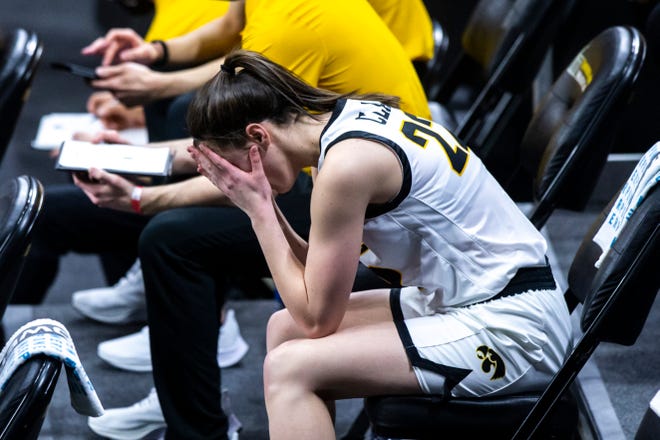 Iowa guard Caitlin Clark (22) reacts after drawing her second foul during the first half of a NCAA Big Ten Conference women's basketball game against Northwestern, Thursday, Jan. 28, 2021, at Carver-Hawkeye Arena in Iowa City, Iowa.