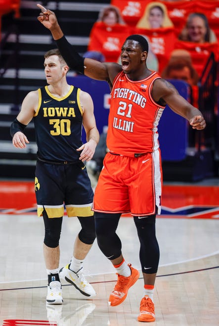 CHAMPAIGN, IL - JANUARY 29: Kofi Cockburn #21 of the Illinois Fighting Illini protests a call during the first half against the Iowa Hawkeyes at State Farm Center on January 29, 2021 in Champaign, Illinois.