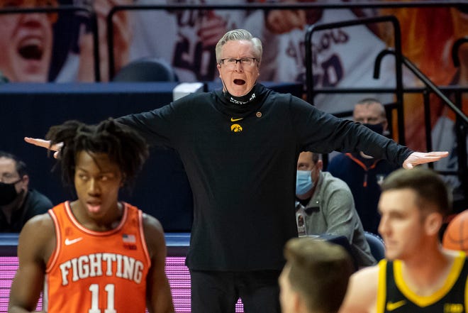 Jan 29, 2021; Champaign, Illinois, USA; Iowa Hawkeyes head coach Fran McCaffery reacts during the first half against the Illinois Fighting Illini at the State Farm Center.