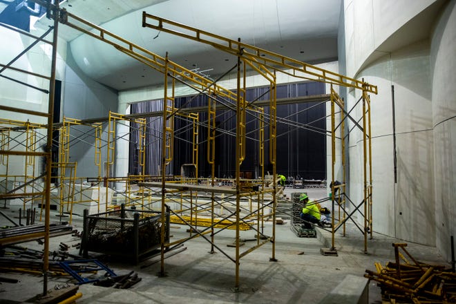 Scaffolding is set up to complete the work needed in Waukee's Northwest High School auditorium on Monday, Feb. 1, 2021, in Waukee.