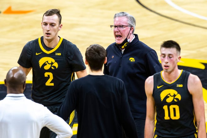 Iowa head coach Fran McCaffery reacts during a NCAA Big Ten Conference men's basketball game against Ohio State, Thursday, Feb. 4, 2021, at Carver-Hawkeye Arena in Iowa City, Iowa.