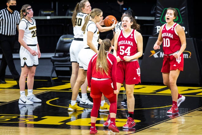 Indiana forward Mackenzie Holmes (54) reacts after drawing a foul during a NCAA Big Ten Conference women's basketball game against Iowa, Sunday, Feb. 7, 2021, at Carver-Hawkeye Arena in Iowa City, Iowa.