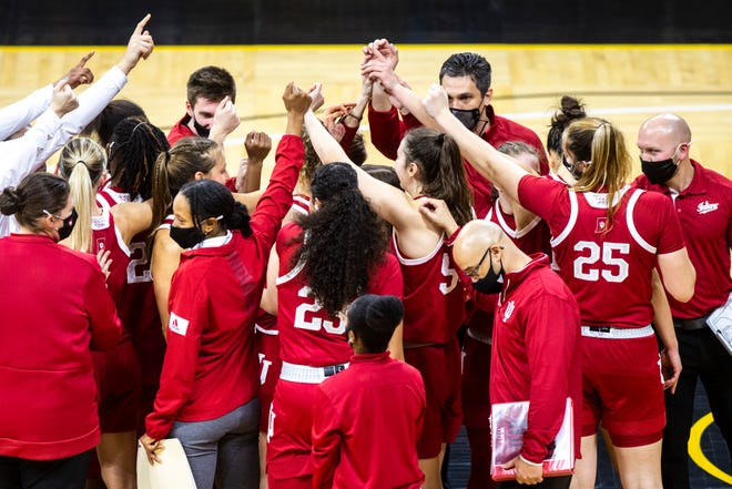 Indiana Hoosiers huddle up after beating the Iowa Hawkeyes, 85-72, during a NCAA Big Ten Conference women's basketball game, Sunday, Feb. 7, 2021, at Carver-Hawkeye Arena in Iowa City, Iowa.