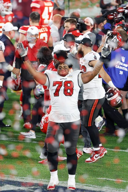 Feb 7, 2020; Tampa, FL, USA; Tampa Bay Buccaneers offensive tackle Tristan Wirfs (78) celebrates after defeating the Kansas City Chiefs  in Super Bowl LV at Raymond James Stadium.