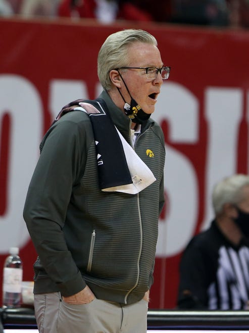 Feb 18, 2021; Madison, Wisconsin, USA; Iowa Hawkeyes head coach Fran McCaffery watches his team in the game against the Wisconsin Badgers during the second half at the Kohl Center. Mandatory Credit: Mary Langenfeld-USA TODAY Sports