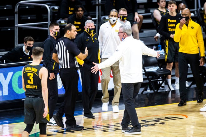 Iowa head coach Fran McCaffery reacts during a NCAA Big Ten Conference men's basketball game against Wisconsin, Sunday, March 7, 2021, at Carver-Hawkeye Arena in Iowa City, Iowa.