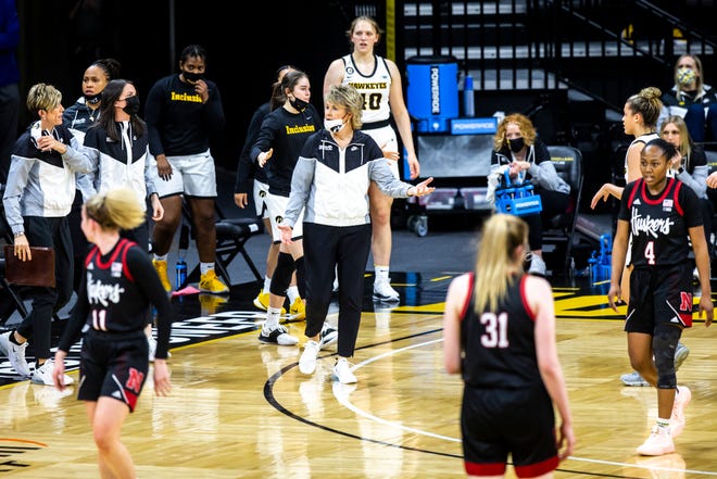 Iowa head coach Lisa Bluder reacts heading into a timeout during a NCAA Big Ten Conference women's basketball game against Nebraska, Saturday, March 6, 2021, at Carver-Hawkeye Arena in Iowa City, Iowa.