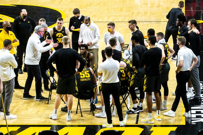 Iowa head coach Fran McCaffery yells in a timeout during a NCAA Big Ten Conference men's basketball game against Wisconsin, Sunday, March 7, 2021, at Carver-Hawkeye Arena in Iowa City, Iowa.