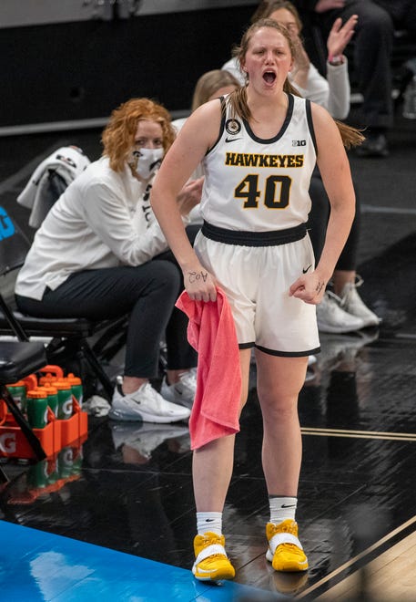 Iowa Hawkeyes center Sharon Goodman (40) shouts a teammates' bucket on Wednesday, March 10, 2021, during the women's Big Ten basketball tournament from Bankers Life Fieldhouse in Indianapolis.