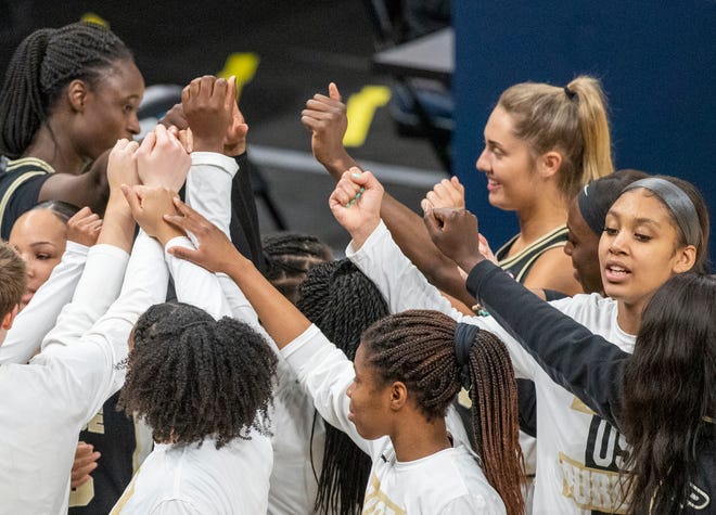 Purdue Boilermakers huddles up on Wednesday, March 10, 2021, during the women's Big Ten basketball tournament from Bankers Life Fieldhouse in Indianapolis.