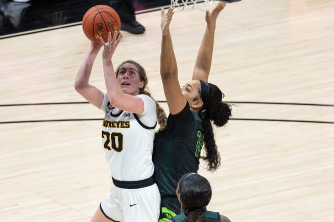 Mar 12, 2021; Indianapolis, IN, USA; Iowa Hawkeyes guard Kate Martin (20) shoots the ball while Michigan State Spartans forward Taiyier Parks (14) defends in the third quarter at Bankers Life Fieldhouse. Mandatory Credit: Trevor Ruszkowski-USA TODAY Sports