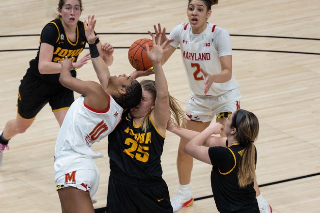 Mar 13, 2021; Indianapolis, IN, USA; Maryland Terrapins forward Angel Reese (10) shoots the ball while Iowa Hawkeyes forward Monika Czinano (25) defends  in the second quarter at Bankers Life Fieldhouse. Mandatory Credit: Trevor Ruszkowski-USA TODAY Sports