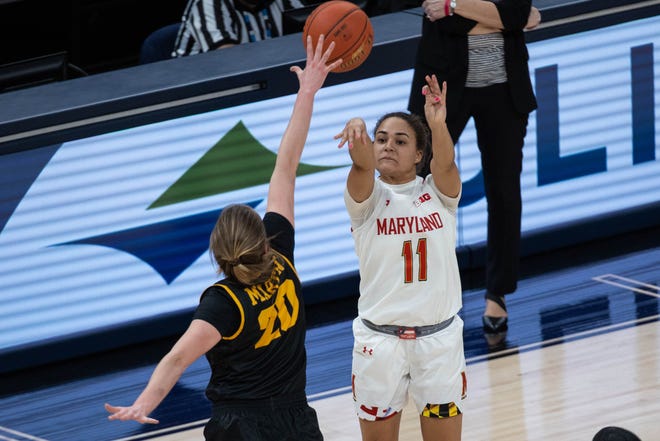 Mar 13, 2021; Indianapolis, IN, USA; Maryland Terrapins guard Katie Benzan (11) shoots the ball while Iowa Hawkeyes guard Kate Martin (20) defends in the first quarter at Bankers Life Fieldhouse. Mandatory Credit: Trevor Ruszkowski-USA TODAY Sports