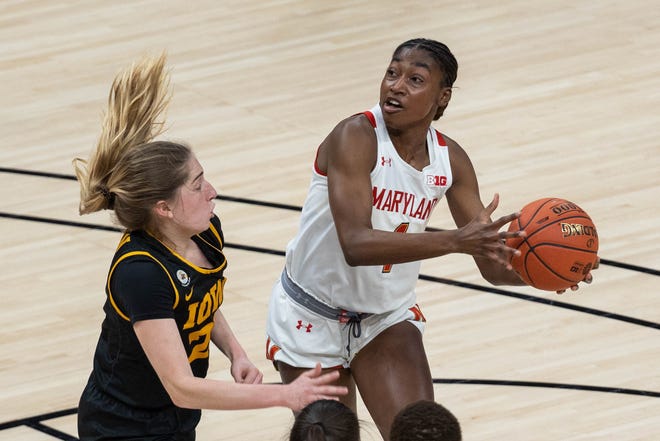 Mar 13, 2021; Indianapolis, IN, USA; Maryland Terrapins guard Diamond Miller (1) handles the ball while Iowa Hawkeyes guard Kate Martin (20) defends  in the second quarter at Bankers Life Fieldhouse. Mandatory Credit: Trevor Ruszkowski-USA TODAY Sports