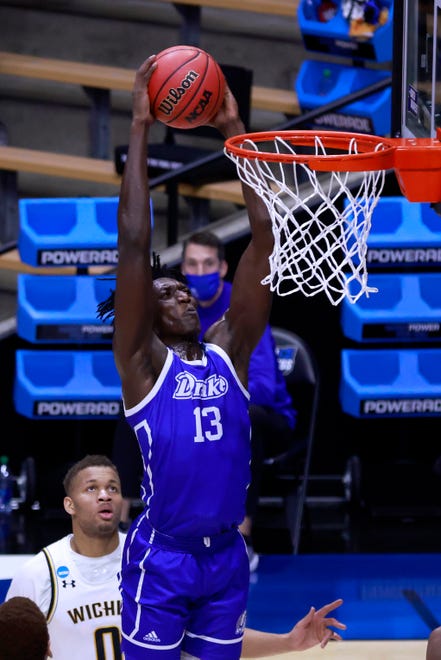 WEST LAFAYETTE, INDIANA - MARCH 18: Issa Samake #13 of the Drake Bulldogs dunks the ball in the game against the Wichita State Shockers during the second half in the NCAA Basketball Tournament First Four round at Mackey Arena on March 18, 2021 in West Lafayette, Indiana. (Photo by Justin Casterline/Getty Images)