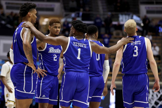 WEST LAFAYETTE, INDIANA - MARCH 18: Joseph Yesufu #1 of the Drake Bulldogs celebrates with teammates against the Wichita State Shockers during the second half in the First Four game prior to the NCAA Men's Basketball Tournament at Mackey Arena on March 18, 2021 in West Lafayette, Indiana.