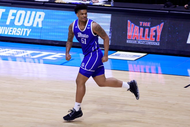 WEST LAFAYETTE, INDIANA - MARCH 18: Darnell Brodie #51 of the Drake Bulldogs runs the court against the Wichita State Shockers during the second half in the NCAA Basketball Tournament First Four round at Mackey Arena on March 18, 2021 in West Lafayette, Indiana.