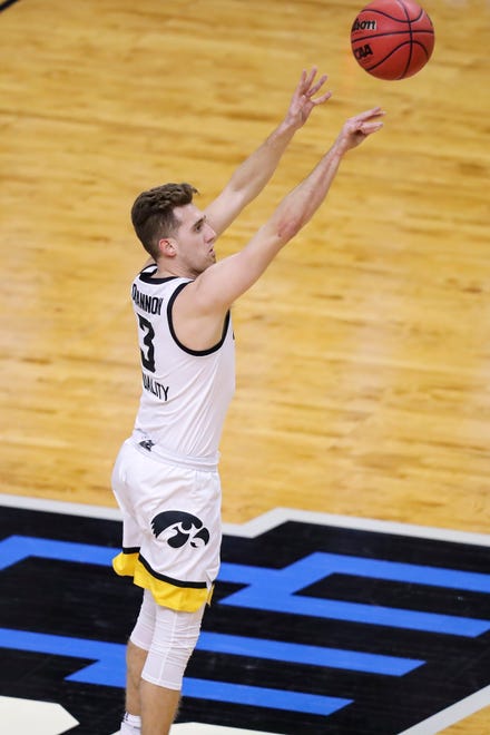 Mar 20, 2021; Indianapolis, IN, USA; Iowa Hawkeyes guard Jordan Bohannon (3) makes a shot against the Grand Canyon Antelopes during the first round of the 2021 NCAA Tournament at Indiana Farmers Coliseum.  Mandatory Credit: Katie Stratman-USA TODAY Sports