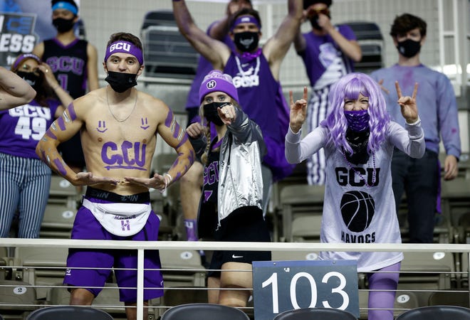 INDIANAPOLIS, INDIANA - MARCH 20: Grand Canyon Antelopes fans show their support from the stands prior to the start of the game against the Iowa Hawkeyes in the first round game of the 2021 NCAA Men's Basketball Tournament at Indiana Farmers Coliseum on March 20, 2021 in Indianapolis, Indiana.