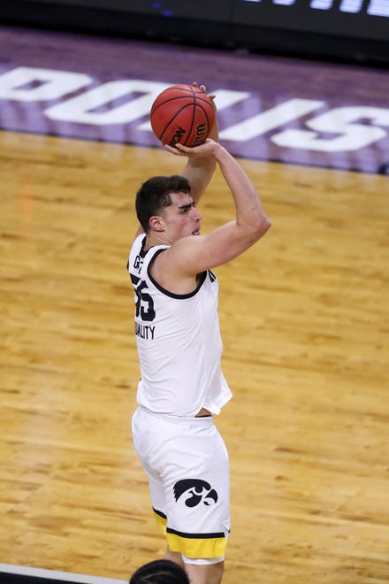 Mar 20, 2021; Indianapolis, IN, USA; Iowa Hawkeyes center Luka Garza (55) makes a shot against the Grand Canyon Antelopes during the first round of the 2021 NCAA Tournament at Indiana Farmers Coliseum.  Mandatory Credit: Katie Stratman-USA TODAY Sports