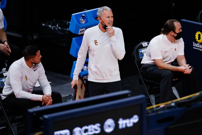 USC head coach Andy Enfield reacts during their game against Drake in the first round of the 2021 NCAA Tournament on Saturday, March 20, 2021, at Bankers Life Fieldhouse in Indianapolis, Ind.