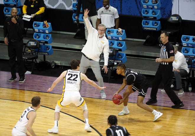 March 20, 2021; Indianapolis, IN, USA; Iowa Hawkeyes head coach Fran McCaffery watches Grand Canyon Antelopes guard Chance McMillian (2) control the ball in the first half during the first round of the 2021 NCAA Tournament on Saturday, March 20, 2021, at Indiana Farmers Coliseum in Indianapolis, Ind. Mandatory Credit: Matt Stone/IndyStar via USA TODAY Sports