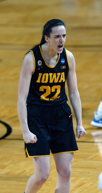 Iowa guard Caitlin Clark (22) reacts after hitting a three during the first half of a college basketball game in the second round of the women's NCAA tournament, Tuesday, March 23, 2021, at the Greehey Arena in San Antonio, Texas.