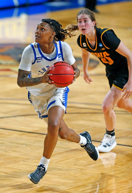 Kentucky guard Jazmine Massengill (13) looks to the basket after a steal during the second half against Iowa in a second-round game of the NCAA women's college basketball tournament at Greehey Arena in San Antonio, Tuesday, March 23, 2021. Iowa won 86-72.