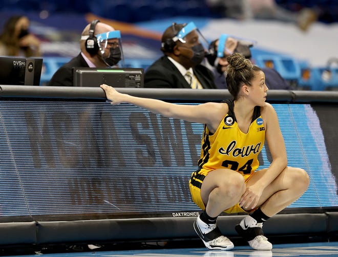Iowa's Gabbie Marshall (24)  waits to enter the game in the first half against the UConn Huskies during the Sweet 16 round of the NCAA Women's Basketball Tournament at the Alamodome on March 27, 2021 in San Antonio, Texas.