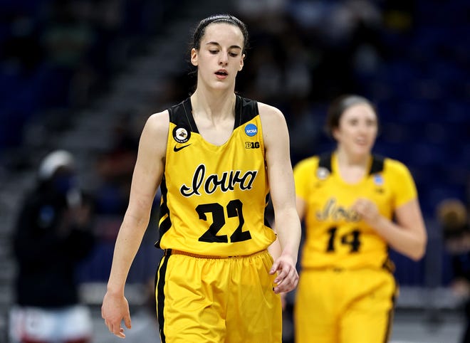Iowa's Caitlin Clark (22) of the Iowa Hawkeyes reacts in the second quarter against the UConn Huskies during the Sweet 16 round of the NCAA Women's Basketball Tournament at the Alamodome on March 27, 2021 in San Antonio, Texas.