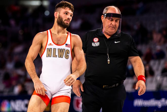 Thomas Gilman wrestles at 57 kg during the first session of the USA Wrestling Olympic Team Trials, Friday, April 2, 2021, at Dickies Arena in Fort Worth, Texas.