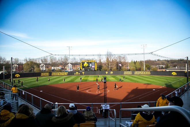 Iowa Hawkeyes pitcher Sarah Lehman warms up during a NCAA Big Ten Conference softball game against Northwestern, Saturday, April 17, 2021, at Bob Pearl Field in Iowa City, Iowa.