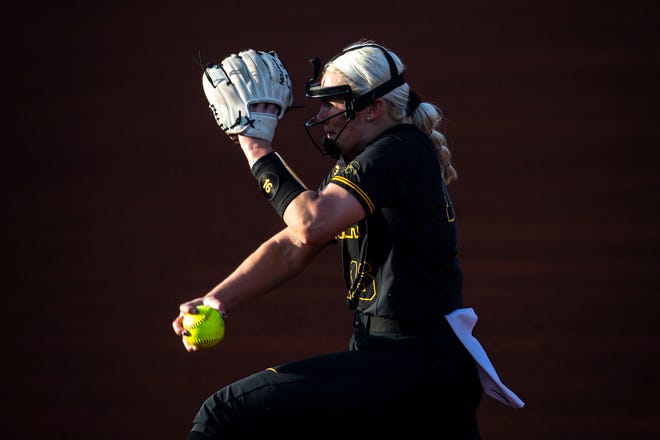 Iowa's Sarah Lehman delivers a pitch during a NCAA Big Ten Conference softball game against Northwestern, Saturday, April 17, 2021, at Bob Pearl Field in Iowa City, Iowa.
