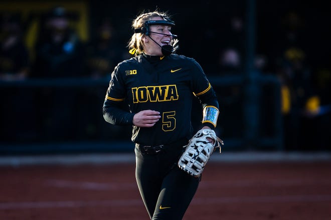 Iowa's Denali Loecker (5) reacts after an out during a NCAA Big Ten Conference softball game against Northwestern, Saturday, April 17, 2021, at Bob Pearl Field in Iowa City, Iowa.